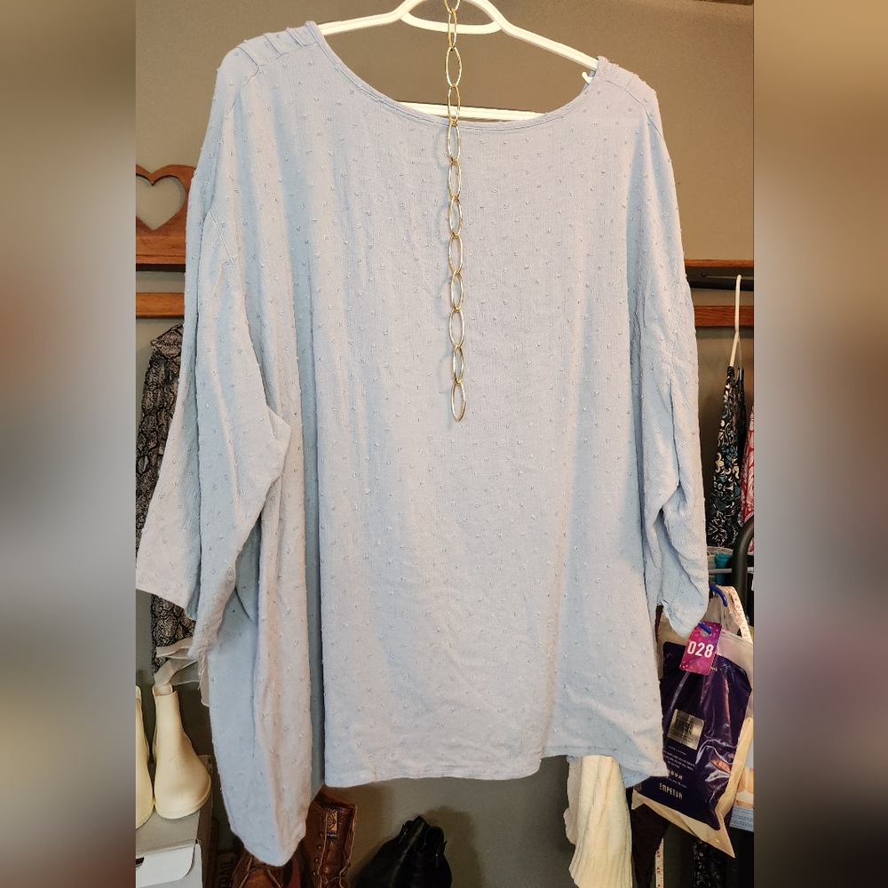 Blue Long Sleeve Lace Trim Top 3x - Picture 2 of 2